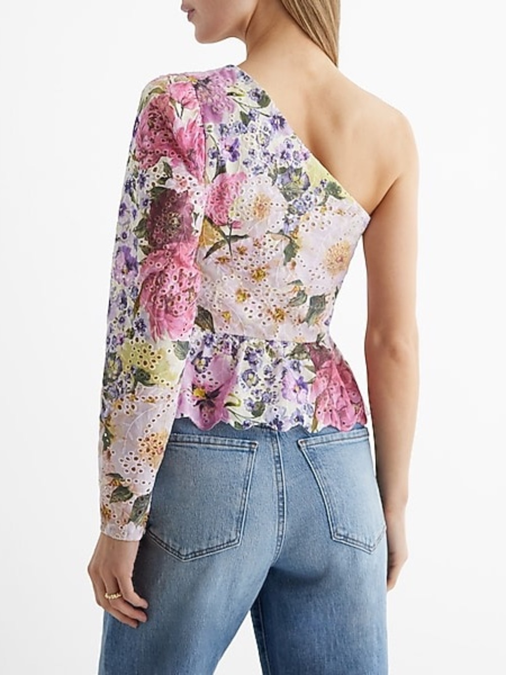 NWT‎ Express One-Shoulder Eyelet Floral Peplum Top Cotton Size 2 - Picture 2 of 6